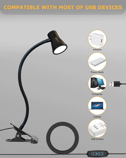 Clip on lamp for Bed Headboard with Clamp for Reading, Small Clip on Light for Desk or Bedside, Flexible Gooseneck Small Clamp Light has 3 Color Modes 10 Brightness.(Black) - LeafyLoom