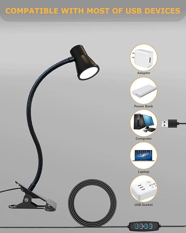Clip on lamp for Bed Headboard with Clamp for Reading, Small Clip on Light for Desk or Bedside, Flexible Gooseneck Small Clamp Light has 3 Color Modes 10 Brightness.(Black) - LeafyLoom