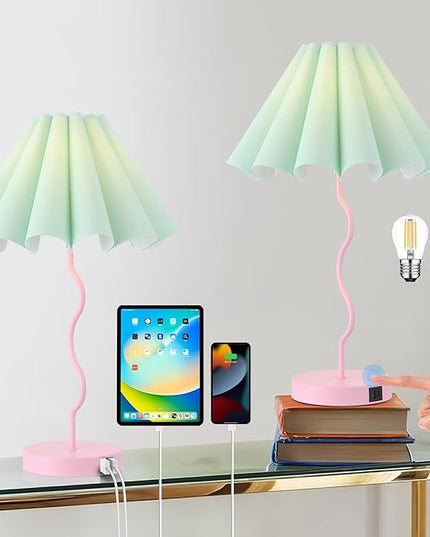 Table Lamps Set of 2 Modern Bedroom Nightstand Lamps Pink Lamp for Living Room End Table Touch Dimmable Lamp with USB Port and Outlet Charging Station - LeafyLoom