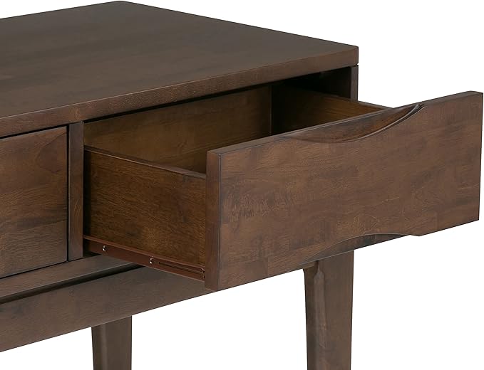 SIMPLIHOME Harper SOLID WOOD 54 inch Wide Mid Century Modern Console Sofa Entryway Table in Walnut Brown with Storage, 3 Drawers , for the Living Room, Entryway and Bedroom - LeafyLoom