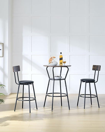 3 Pieces Bistro Table and Chairs Set, Round Counter Height Bar Table with Storage Shelf and 2 Stools with Backrest & Footrest, for Dining Room, Kitchen, Bar, Small Space, Rustic Brown - LeafyLoom