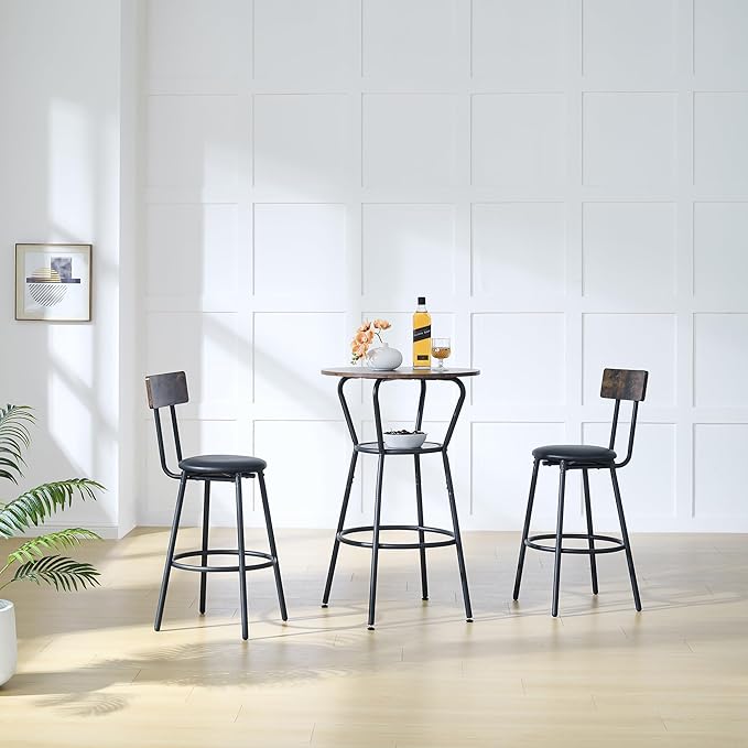 3 Pieces Bistro Table and Chairs Set, Round Counter Height Bar Table with Storage Shelf and 2 Stools with Backrest & Footrest, for Dining Room, Kitchen, Bar, Small Space, Rustic Brown - LeafyLoom