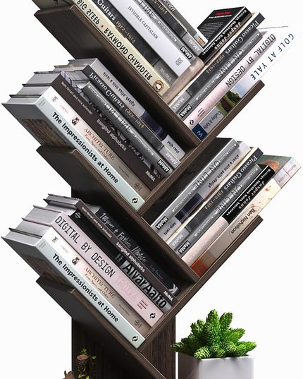 5 Tier Small Tree Bookshelf Desk Book Organizer Narrow Bookcases for Books Magazines CDs Free Standing Retro Wooden Storage Shelves for Home Office Bedroom Living Room Dark Walnut - LeafyLoom