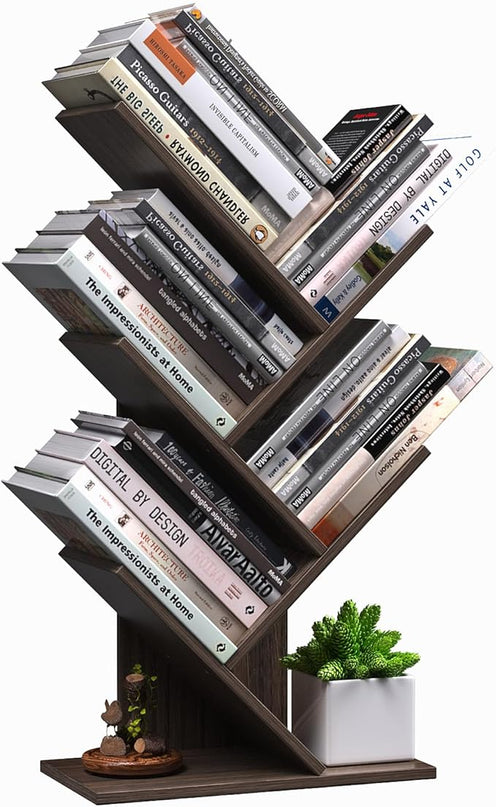 5 Tier Small Tree Bookshelf Desk Book Organizer Narrow Bookcases for Books Magazines CDs Free Standing Retro Wooden Storage Shelves for Home Office Bedroom Living Room Dark Walnut - LeafyLoom