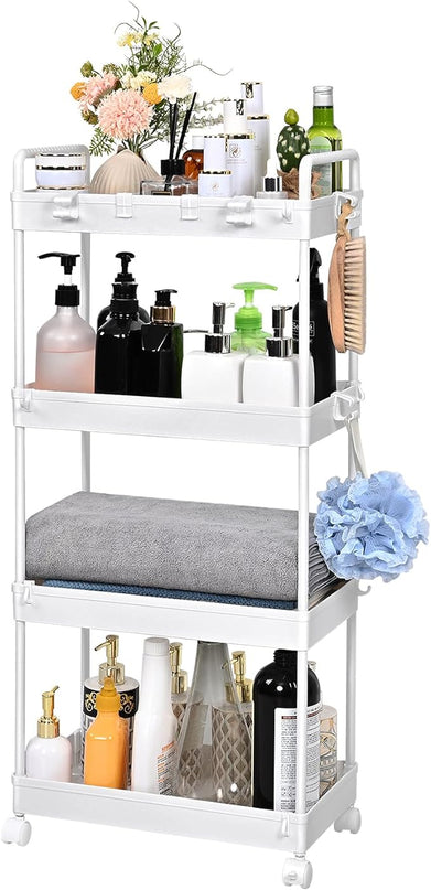 AROGAN Rolling Storage Cart with Wheels, 4 Tier Bathroom Storage Cart Laundry Room Organizer, Rolling Utility Cart for Kitchen, Bathroom, Laundry Room, Office, Narrow Place (White) - LeafyLoom