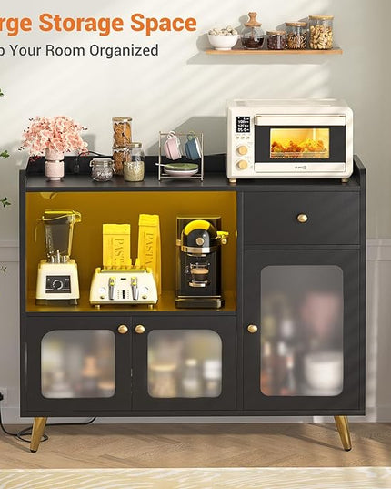 Cyclysio Sideboard Buffet Cabinet with Power Outlet, Kitchen Cabinet with LED Lights, Large Bar Cart Accent Buffet Cabinet with Door for Bedroom, Living Room, Kitchen, Hallway, Black - LeafyLoom