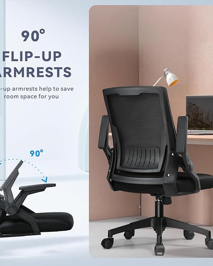COMHOMA Office Chair with Flip-up Armrests Ergonomic Computer Desk Chair Foldable Mesh Task Chair with Wheels Adaptive Lumbar Support Swivel Tilt Comfortable Study Chair for Student, Black - LeafyLoom