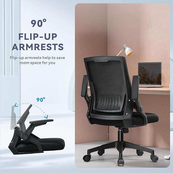COMHOMA Office Chair with Flip-up Armrests Ergonomic Computer Desk Chair Foldable Mesh Task Chair with Wheels Adaptive Lumbar Support Swivel Tilt Comfortable Study Chair for Student, Black - LeafyLoom