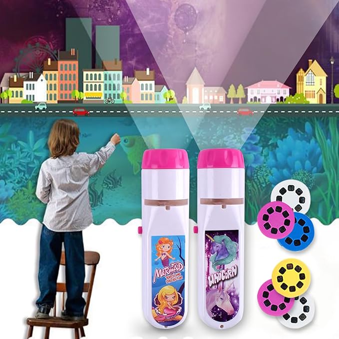 Georgie Porgy Children Projector Toys Educational Science Set Wall Ceiling Tent Torch Flashlight for Kids Gifts for Boys Girls with 2pcs Tattoo Stickers (Unicorn + Mermaid) - LeafyLoom