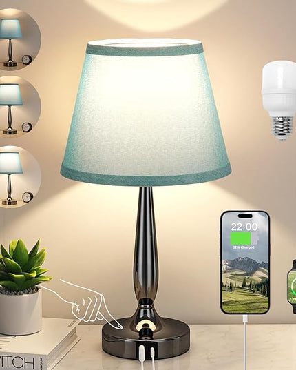 Touch Bedside Lamp for Bedroom with USB C Port, Small Touch Table Lamp with 2 USB Charging Ports, 3 Way Dimmable Nightstand Lamp for Living Room and Office - Turquoise Blue (LED Bulb Included) - LeafyLoom