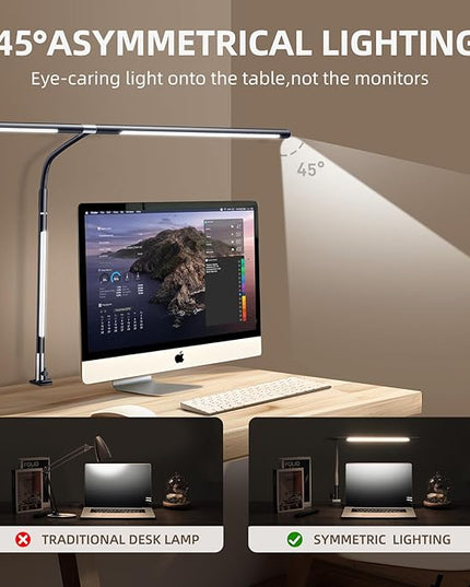 LED Desk Lamps for Home Office, 360° Rotatable Double Head Desk Light with Clamp, 25 Lighting Modes Gooseneck Monitor Smart Light, 24W Architect Table Lamp for Workbench Drafting Study - LeafyLoom