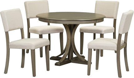 5-Piece Retro Round Dining Table Set with Curved Trestle Style Legs and 4 Upholstered Chairs for Kitchen, Breakfast Nook, Living Room, 44-inch, Taupe, 44" L x 44" W x 30.2" H - LeafyLoom