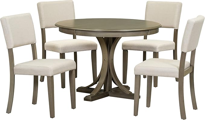5-Piece Retro Round Dining Table Set with Curved Trestle Style Legs and 4 Upholstered Chairs for Kitchen, Breakfast Nook, Living Room, 44-inch, Taupe, 44" L x 44" W x 30.2" H - LeafyLoom