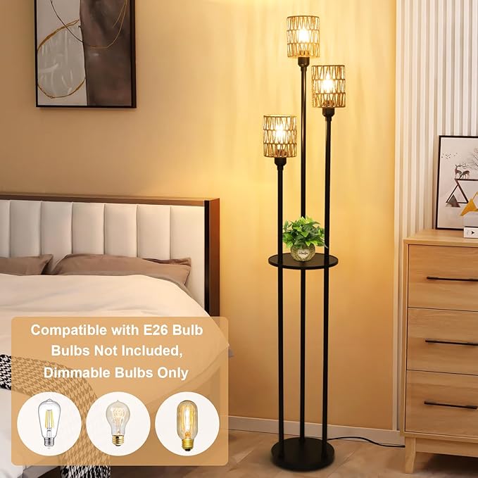 Dimmable Boho Floor Lamps for Living Room, 3-Lights Farmhouse Floor Lamp with 3-Way Foot Switch, Rattan Floor Lamp with Shelves, Rustic Standing Lamp with Rattan Shades, Tall Lamps for Bedroom - LeafyLoom