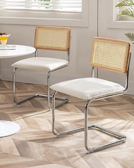 Zesthouse Rattan Dining Chairs Set of 4, Upholstered Boucle Kitchen Chairs, Mid Century Modern Breuer Designed Chairs, Armless Accent Chairs with Natural Cane Back & Stainless Chrome Base - LeafyLoom