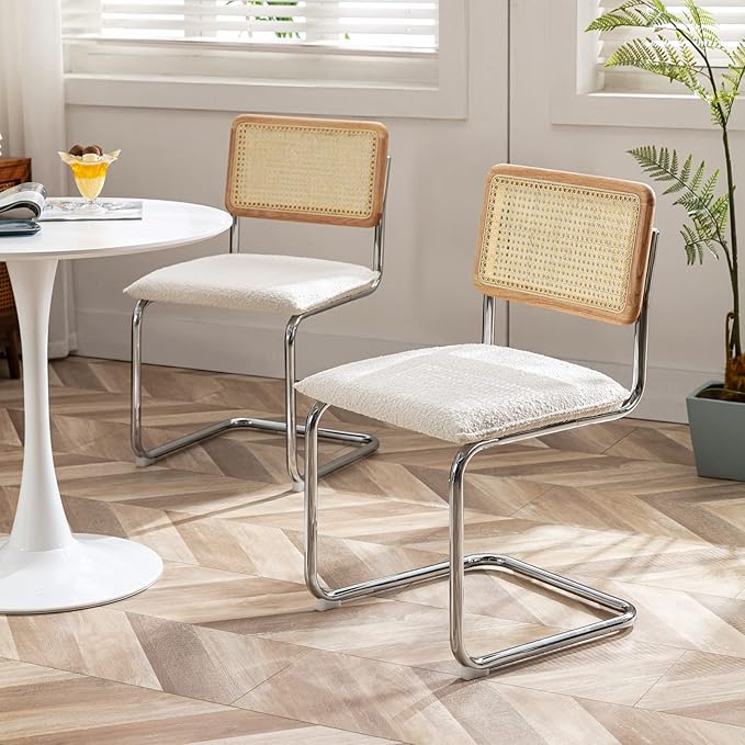 Zesthouse Mid Century Modern Dining Chairs Set of 2, Upholstered Boucle Kitchen Chairs, Famous Breuer Designed Chairs, Armless Accent Chairs with Natural Cane Back & Stainless Chrome Base - LeafyLoom