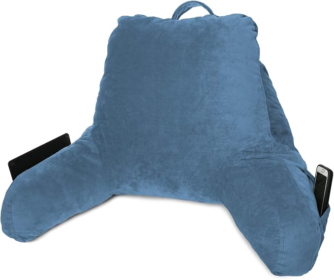 Clara Clark Reading Pillow, Standard Back Pillow for Sitting Up in Bed, Memory Foam Back Support Pillow, Reading Pillows for Sitting in Bed, Blue Heaven Sit Up Pillow for Bed, Arm Pillow with Pockets - LeafyLoom