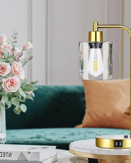Industrial Touch Control Table Lamps Set of 2 - Gold Nightstand Bedside Lamps with 2 USB Ports & AC Outlet, 3-Way Dimmable Desk Lamp for Bedroom Living Room, Glass Shade & 2 LED Bulbs Included - LeafyLoom