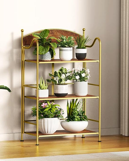 Folding Bookshelf No Assembly, 3 Shelf Gold Folding Bookcase,Industrial Small Metal Corner Display Book Shelf with Storage Shelves for Bedroom,Living Room, Home Office - LeafyLoom