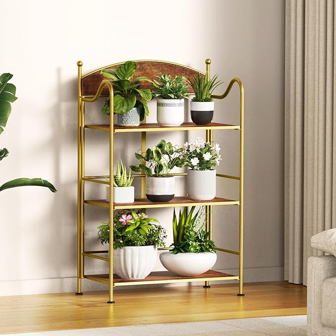 Folding Bookshelf No Assembly, 3 Shelf Gold Folding Bookcase,Industrial Small Metal Corner Display Book Shelf with Storage Shelves for Bedroom,Living Room, Home Office - LeafyLoom