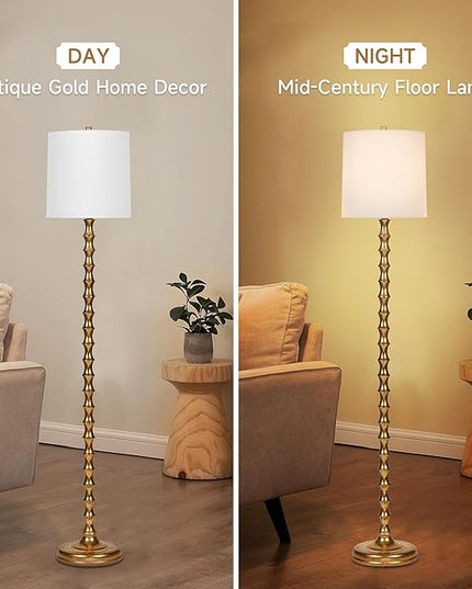 64.5" Gold Floor Lamp for Living Room, Gold Bamboo Floor Lamps for Bedroom, Tall Skinny Lamp for Home Decor, Mid Century Antique Floor Lamps with White Lampshade, Gold Standing Lamp for Corner - LeafyLoom