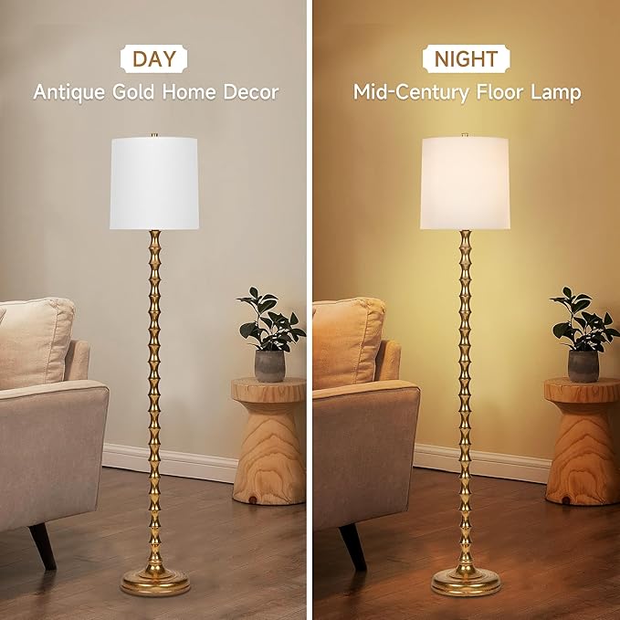 64.5" Gold Floor Lamp for Living Room, Gold Bamboo Floor Lamps for Bedroom, Tall Skinny Lamp for Home Decor, Mid Century Antique Floor Lamps with White Lampshade, Gold Standing Lamp for Corner - LeafyLoom