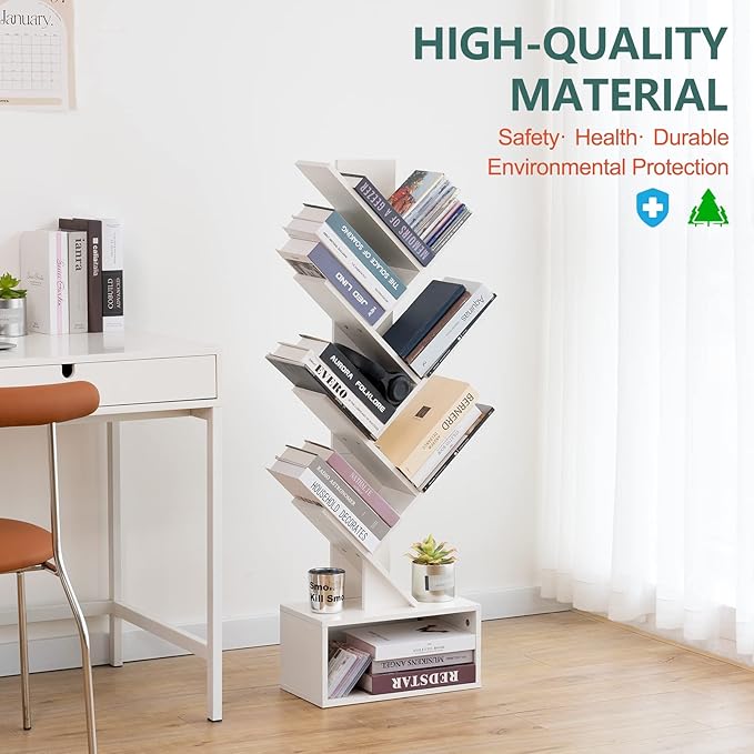 Yoobure Tree Bookshelf - 6 Shelf Retro Floor Standing Bookcase, Tall Wood Book Storage Rack for CDs/Movies/Books, Utility Book Organizer Shelves for Bedroom, Living Room, Home Office, White - LeafyLoom