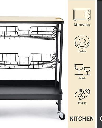 TOOLF Kitchen Island Serving Cart with Utility Wood Tabletop, 4-Tier Rolling Storage Cart with 2 Basket Drawers, Kitchen Cart with Wheels for Home, Dining Room, Bar, Restaurant, Hotel - LeafyLoom
