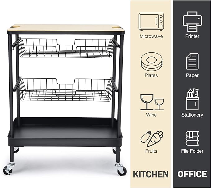 TOOLF Kitchen Island Serving Cart with Utility Wood Tabletop, 4-Tier Rolling Storage Cart with 2 Basket Drawers, Kitchen Cart with Wheels for Home, Dining Room, Bar, Restaurant, Hotel - LeafyLoom