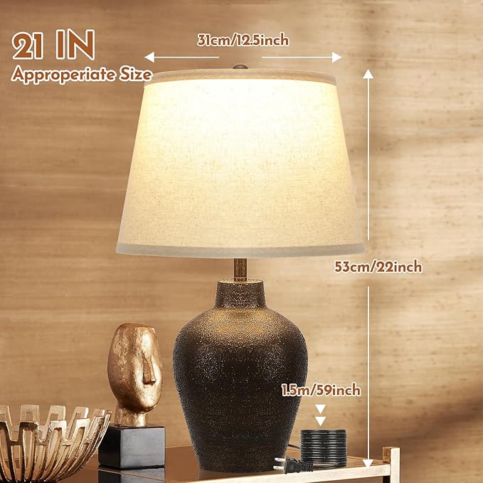 Farmhouse Rustic Table Lamps Set of 2 for Bedroom Living Room End Table Dark Brown Terracotta Nightstand Lamps Bedside Lamps Home Decor 21” Tall, Bulbs Included - LeafyLoom