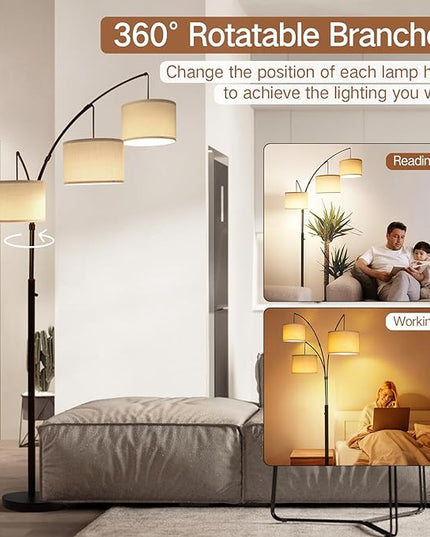 OUTON Arc Led Floor Lamp, Modern Black 3 Light Tall Floor Lamp for Bedroom, 2400lm Mid Century Adjustable Standing Corner Lamps for Living Room Office, 3 LED Bulbs Included, White Lampshade - LeafyLoom