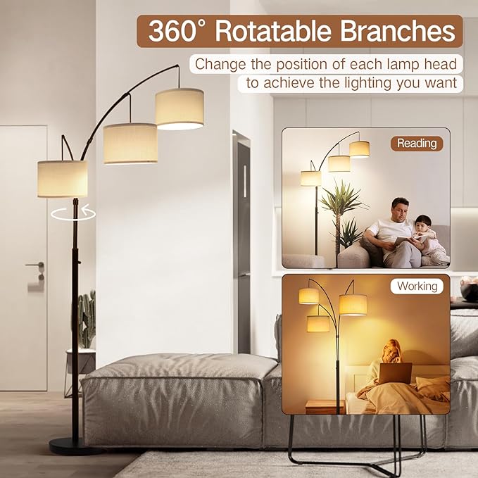 OUTON Arc Led Floor Lamp, Modern Black 3 Light Tall Floor Lamp for Bedroom, 2400lm Mid Century Adjustable Standing Corner Lamps for Living Room Office, 3 LED Bulbs Included, White Lampshade - LeafyLoom