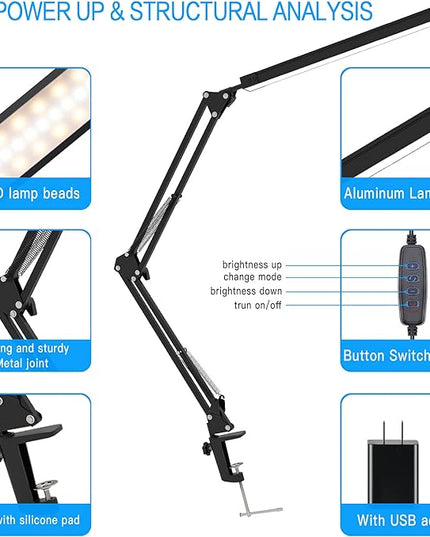 LED Desk Lamp, Swing Arm Desk Light with Clamp, 3 Lighting 10 Brightness Eye-caring Modes, reading desk lamps for home office 360°Spin with USB Adapter & Memory Function black-14W - LeafyLoom