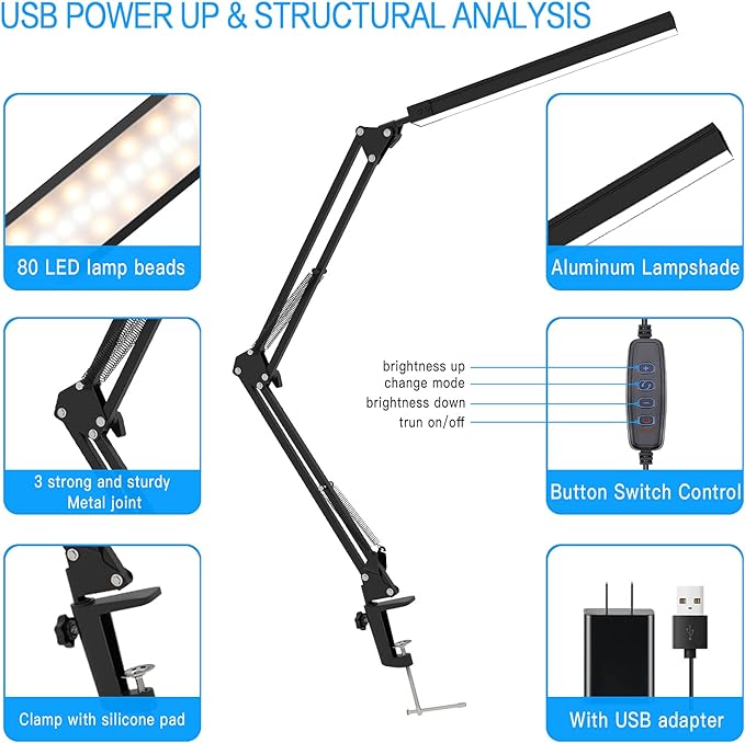 LED Desk Lamp, Swing Arm Desk Light with Clamp, 3 Lighting 10 Brightness Eye-caring Modes, reading desk lamps for home office 360°Spin with USB Adapter & Memory Function black-14W - LeafyLoom