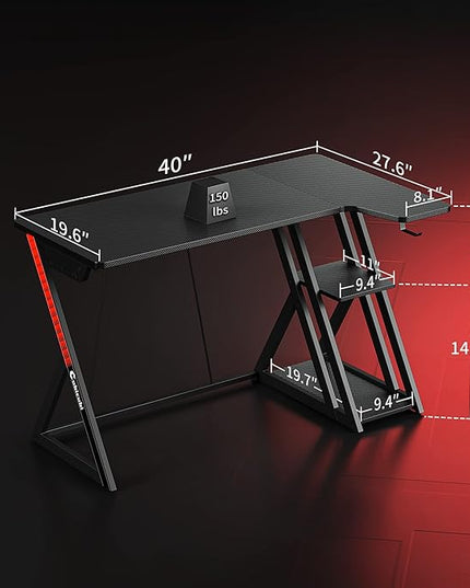 CubiCubi Aurora Gaming Desk with Carbon Fiber Surface, 40 Inch L Shaped Desk with Storage Shelves, Small Corner Computer Desk with Monitor Shelf, Gamer Desk PC Table, Black - LeafyLoom