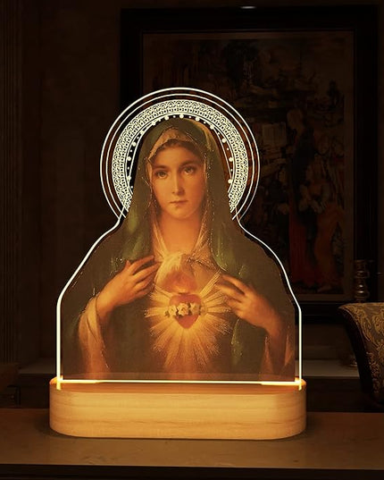 Virgin Mary Gifts for Women, Immaculate Heart of Mother Mary Pictures, Heart of Mary Catholic Gifts Night Light for Home Decor, Christian Religious Blessed Baptize Gifts for Mum Grandma Lady - LeafyLoom