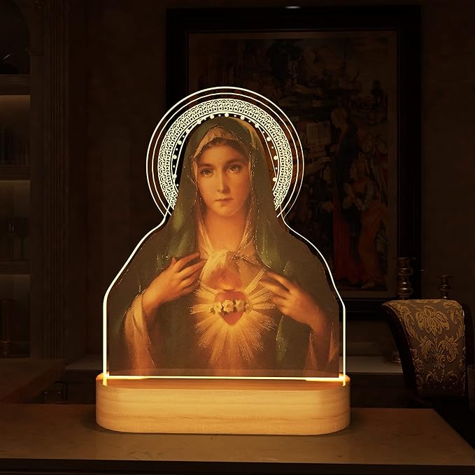 Virgin Mary Gifts for Women, Immaculate Heart of Mother Mary Pictures, Heart of Mary Catholic Gifts Night Light for Home Decor, Christian Religious Blessed Baptize Gifts for Mum Grandma Lady - LeafyLoom