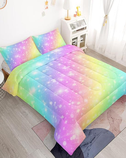 Rainbow Comforter Set 5 pcs Full,Pink Bedding,Bed in A Bag 5 pcs Rainbow Comforter,Kids Princess Comforter Set Full,Rainbow Bedding for Teen Girls Adults - LeafyLoom