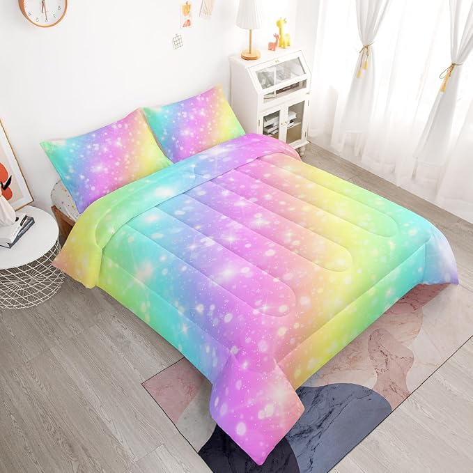 Rainbow Comforter Set 5 pcs Full,Pink Bedding,Bed in A Bag 5 pcs Rainbow Comforter,Kids Princess Comforter Set Full,Rainbow Bedding for Teen Girls Adults - LeafyLoom