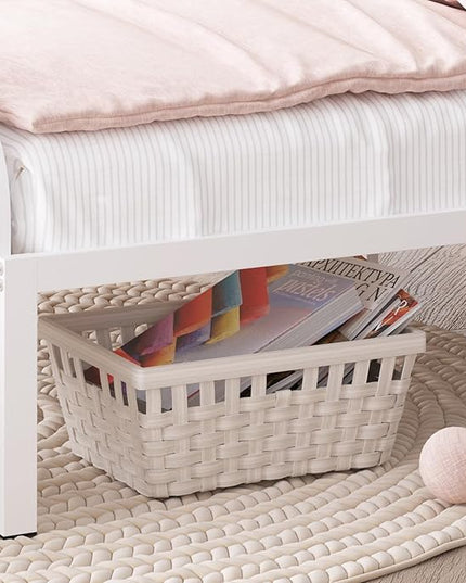 Timy Kids Twin Bed Frame with Bookcase Headboard, Metal Platform Bed Frame with Upholstered Headboard for Boys Girls Teens Adults, No Box Spring Needed, White - LeafyLoom