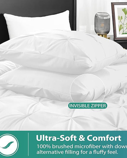 downluxe Pintuck Queen Comforter Set with 2 Pillow Shams - 3-Piece - White Queen Bed Comforter Set for All Seasons, Pinch Pleat Microfiber Down Alternative Bedding Comforter Sets - LeafyLoom
