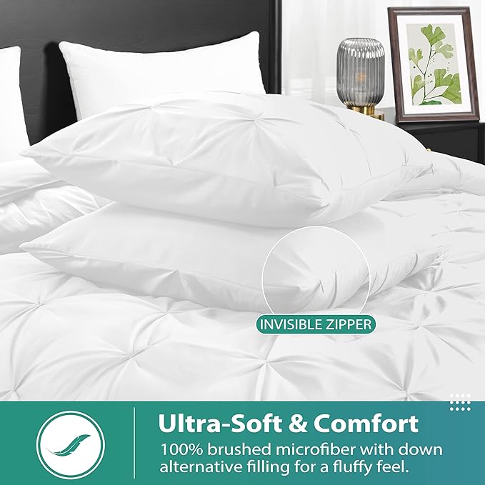 downluxe Pintuck Queen Comforter Set with 2 Pillow Shams - 3-Piece - White Queen Bed Comforter Set for All Seasons, Pinch Pleat Microfiber Down Alternative Bedding Comforter Sets - LeafyLoom
