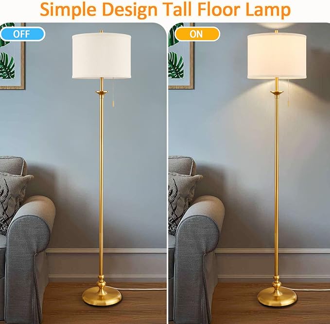 Luvkczc Modern Floor Lamp, 60" Standing Lamp for Living Room with Pull Chain Switch, Corner Tall Soft Lighting for Bedroom, Office, Dining Room, Farmhouse (Bulb Included),Gold - LeafyLoom