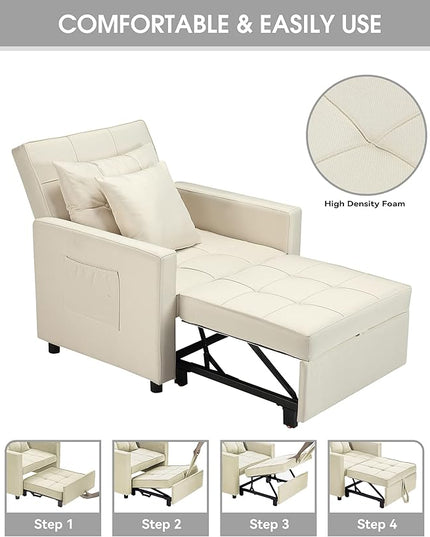XSPRACER [UPDATED] Convertible Sleeper Chair Bed 3 in 1, Stepless Adjustable Backrest,Armchair, Sofa, Bed, Linen, Warm White, Single One - LeafyLoom
