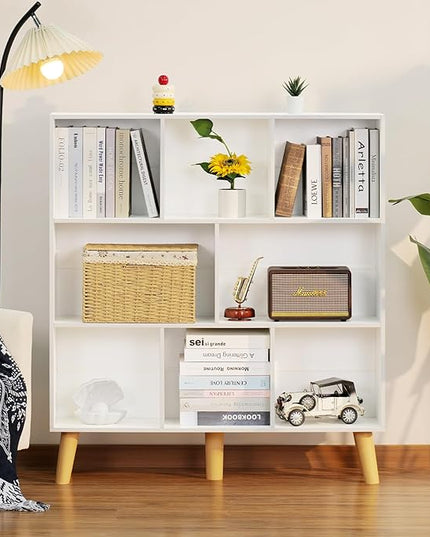 YAHARBO 8 Cube White Bookshelf,3 Tier Book Shelf with Legs,Modern Minimalist Bookcase,Open Book Shelves Storage Organizer,Frees Standing Wooden Display Bookcases for Small Space,Bedroom,Living Room - LeafyLoom