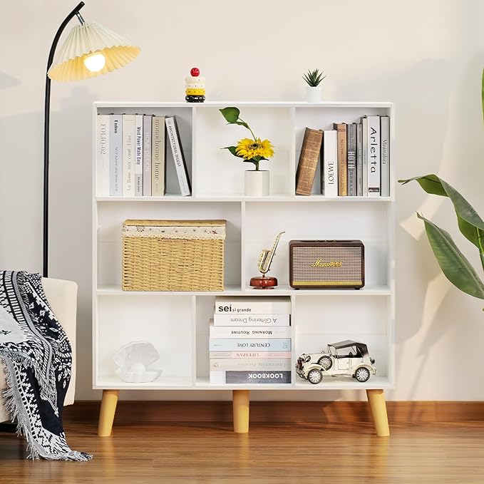 YAHARBO 8 Cube White Bookshelf,3 Tier Book Shelf with Legs,Modern Minimalist Bookcase,Open Book Shelves Storage Organizer,Frees Standing Wooden Display Bookcases for Small Space,Bedroom,Living Room - LeafyLoom