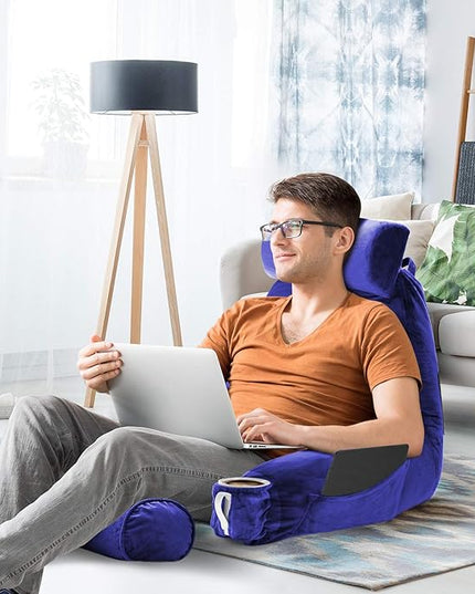 Clara Clark Reading Pillow, Large Back Pillow for Sitting Up in Bed, Memory Foam Back Support Pillow, Reading Pillows for Sitting in Bed Adult, Royal Blue Sit Up Pillow for Bed with Arms and Pockets - LeafyLoom