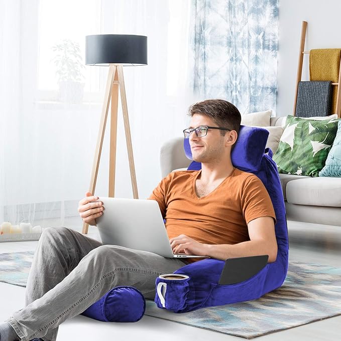 Clara Clark Reading Pillow, Large Back Pillow for Sitting Up in Bed, Memory Foam Back Support Pillow, Reading Pillows for Sitting in Bed Adult, Royal Blue Sit Up Pillow for Bed with Arms and Pockets - LeafyLoom