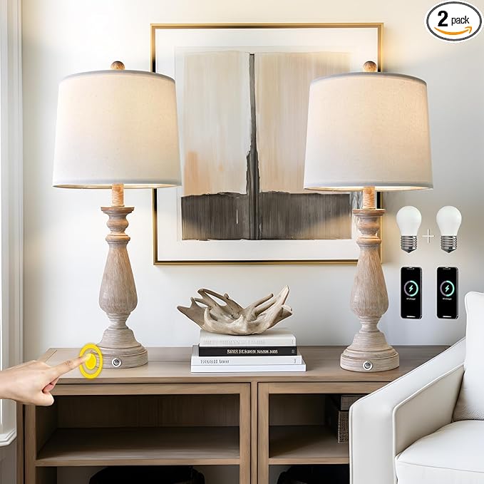 PORTRES 25.75" 3 - Way Dimmable Touch Lamps Set of 2 for Bedroom Rustic Bedside Lamp with USB A+C Charging Ports for Living room Kids Room Study Room (2 Bulbs Included) - LeafyLoom