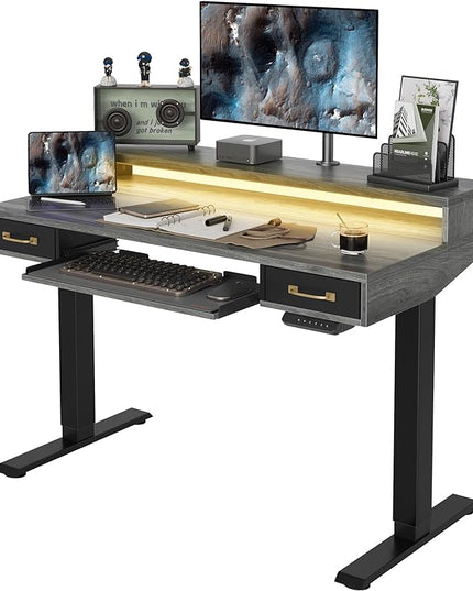 FEZIBO 48 x 24 Inch Height Adjustable Electric Standing Desk with Double Drawers&Keyboard Tray, Stand Up Desk with LED Strips, Sit Stand Desk with Monitor Stand, Rustic Grey - LeafyLoom